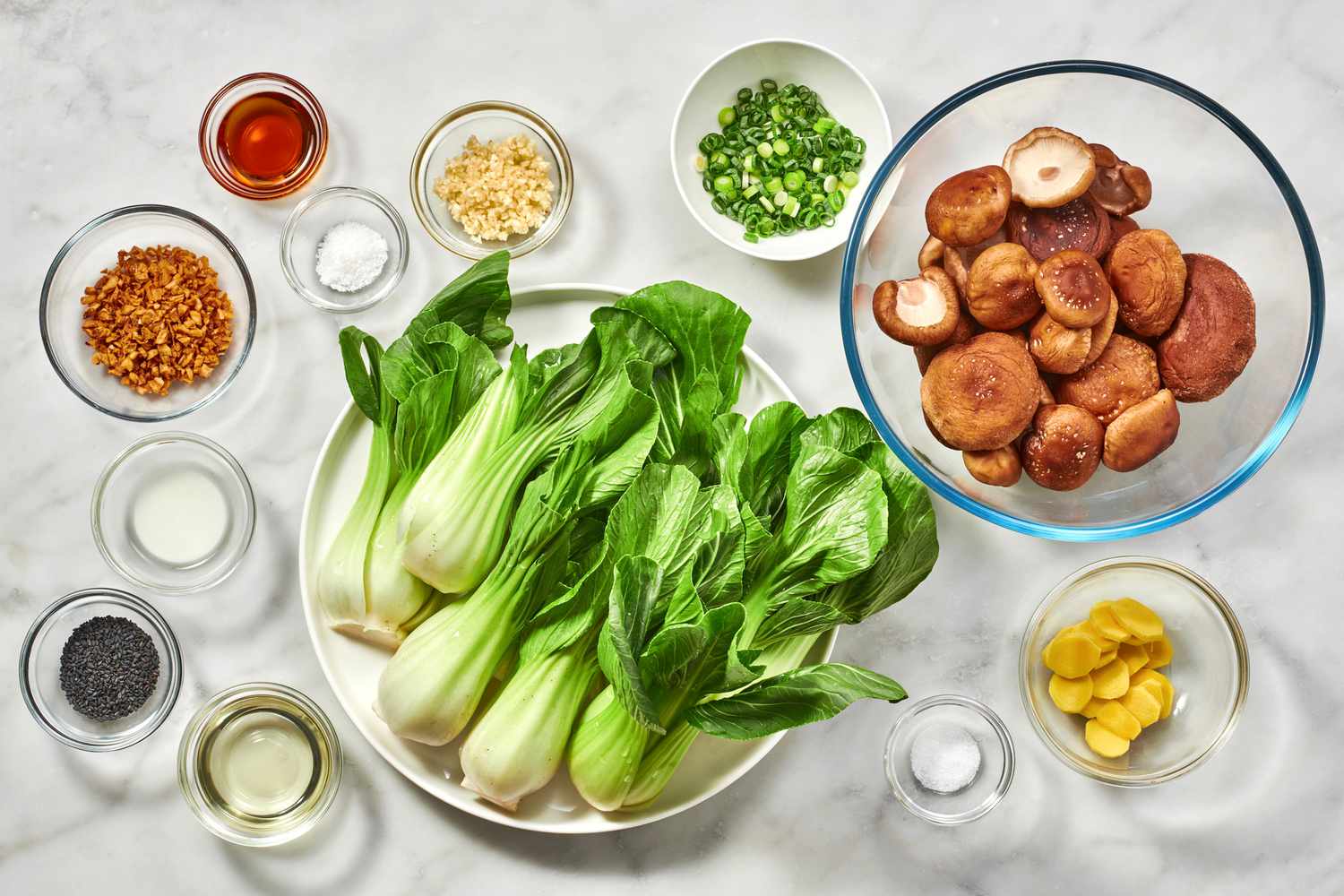 Ingredients to make braised shiitake mushrooms with bok choy