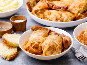 Serbian stuffed cabbage in white bowls