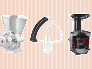 Collage of KitchenAid attachments we recommend on a tan background