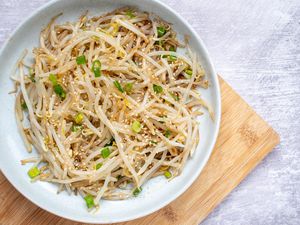 Korean bean sprout salad (Sookju Namul) in a white bowl