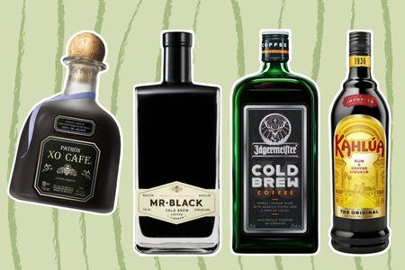 A collage of coffee liqueurs we recommend on a green background