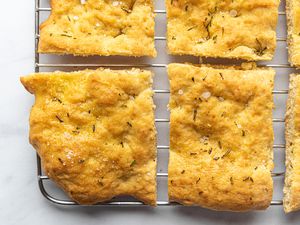 No-Yeast Focaccia on a metal cooling rack 