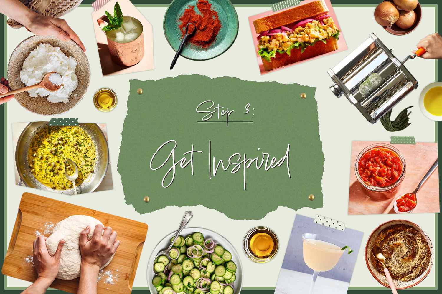 A collage of inspirational images with text that says "step 3: get inspired" in the center