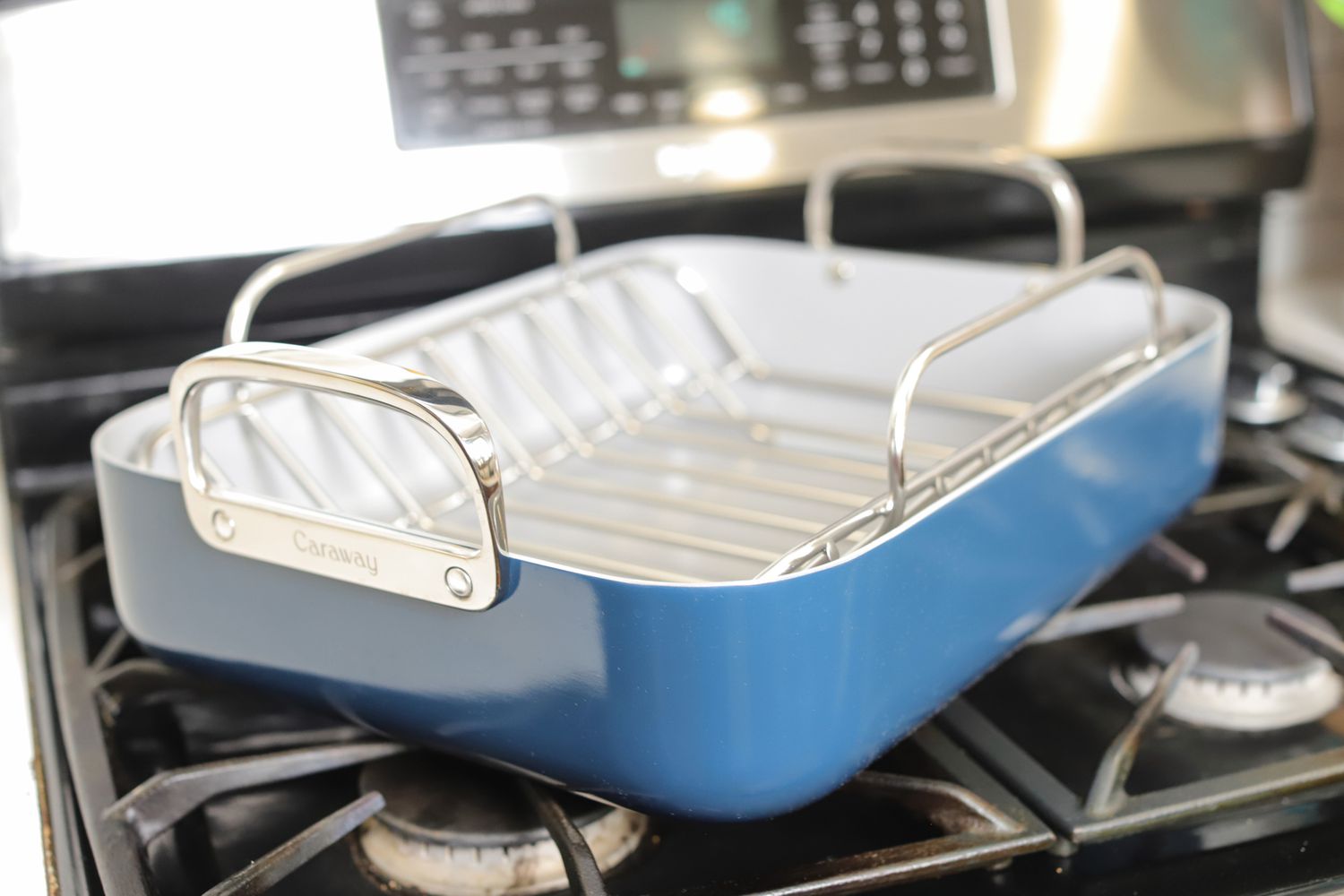 Blue Caraway roasting pan on gas stove
