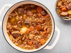 Traditional Welsh cawl stew in a Dutch oven