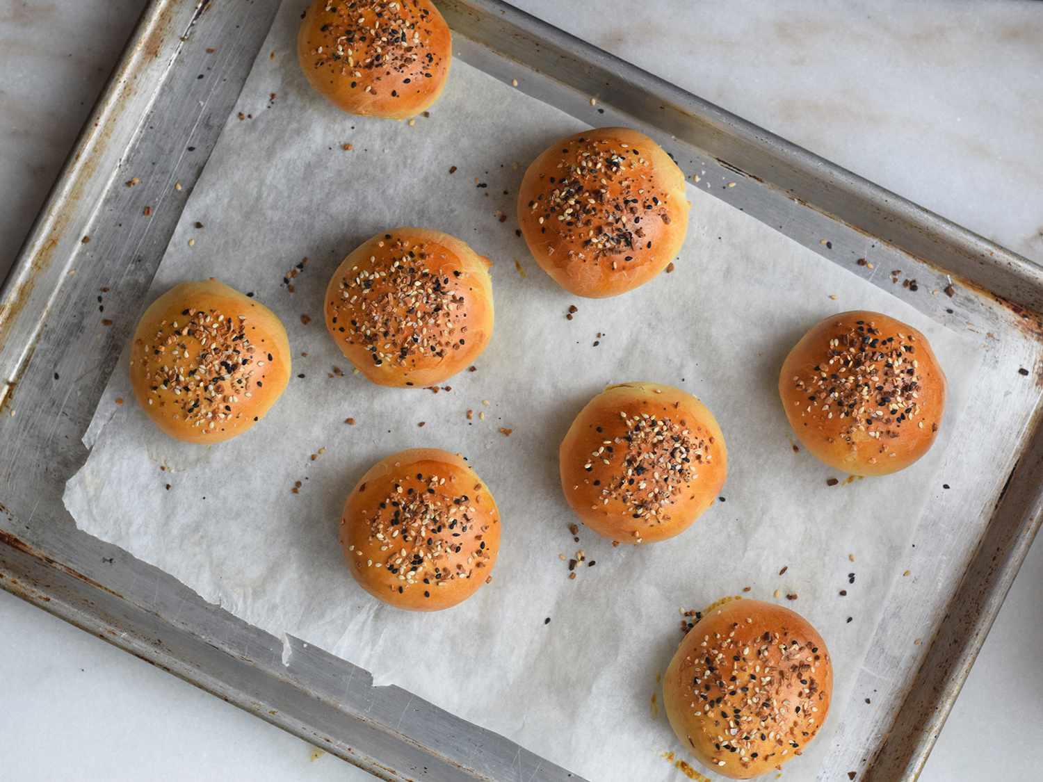 baked bierock on a parchment lined baking sheet