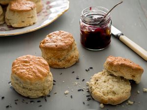 Lavender-scones with jam on a table