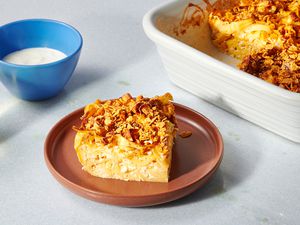 Cottage Cheese Noodle Kugel on a plate and in a baking dish 