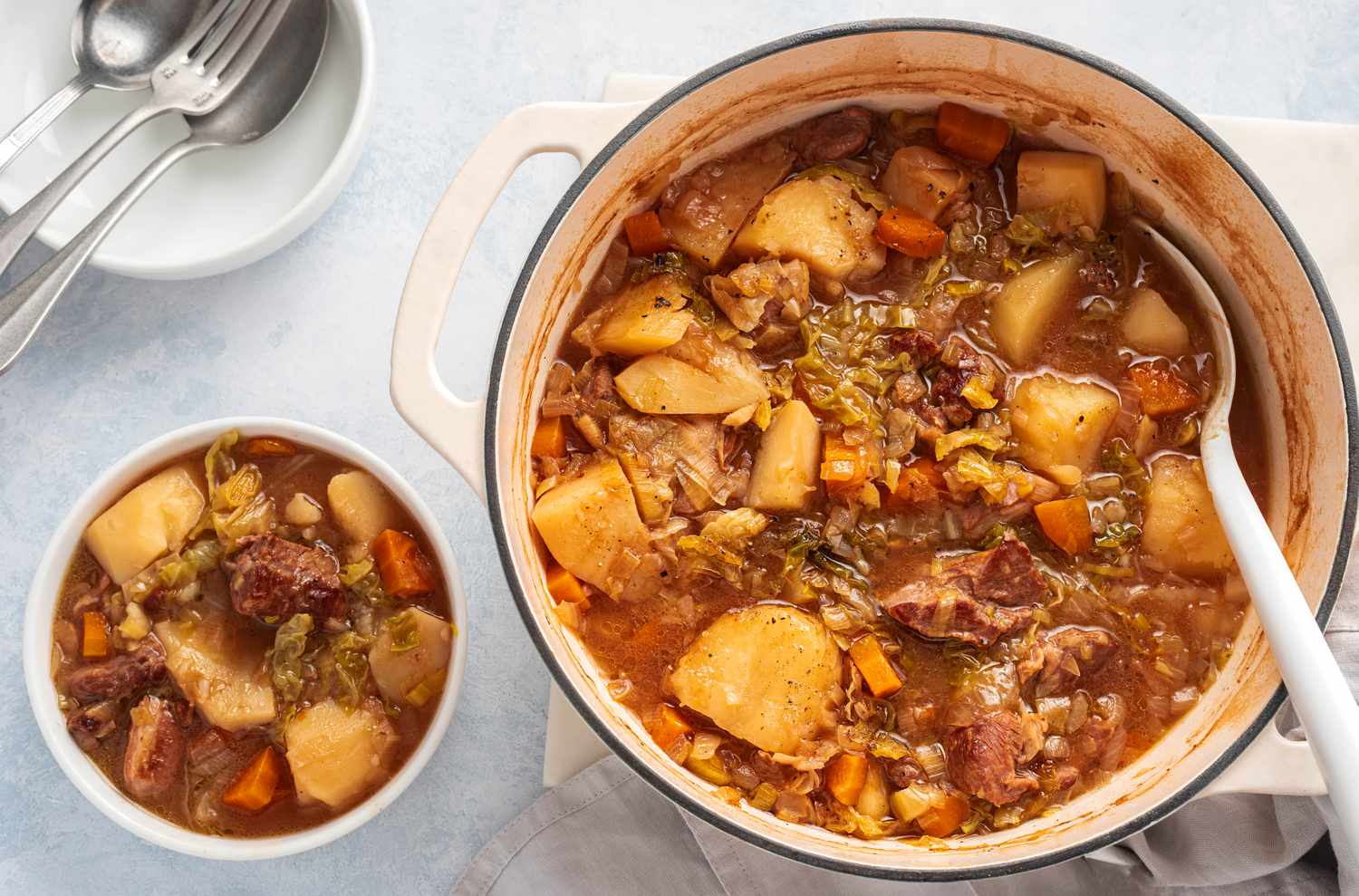 Traditional Irish Stew in a casserole and a small bowl