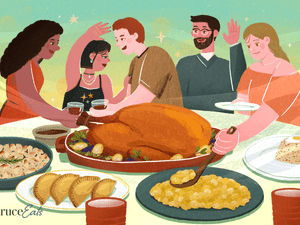 Illustration of five people gathered around a Thanksgiving table with turkey and other side dishes