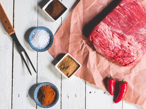 Raw brisket and ingredients for brown sugar rub