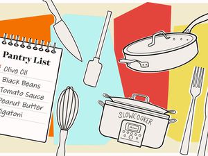 Illustrated composition of a pantry list, cooking tools, pot, slow cooker, and knife