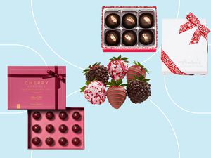 Valentine's Day chocolates we recommend on a blue background