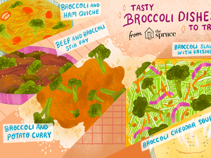 illustration featuring different broccoli dishes