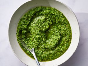 Pumpkin Seed Pesto in a bowl with a spoon