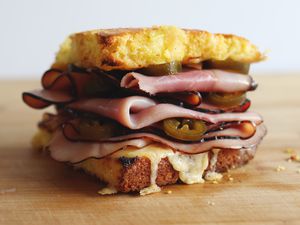Ham and cheese cornbread sandwich with pickled jalapenos