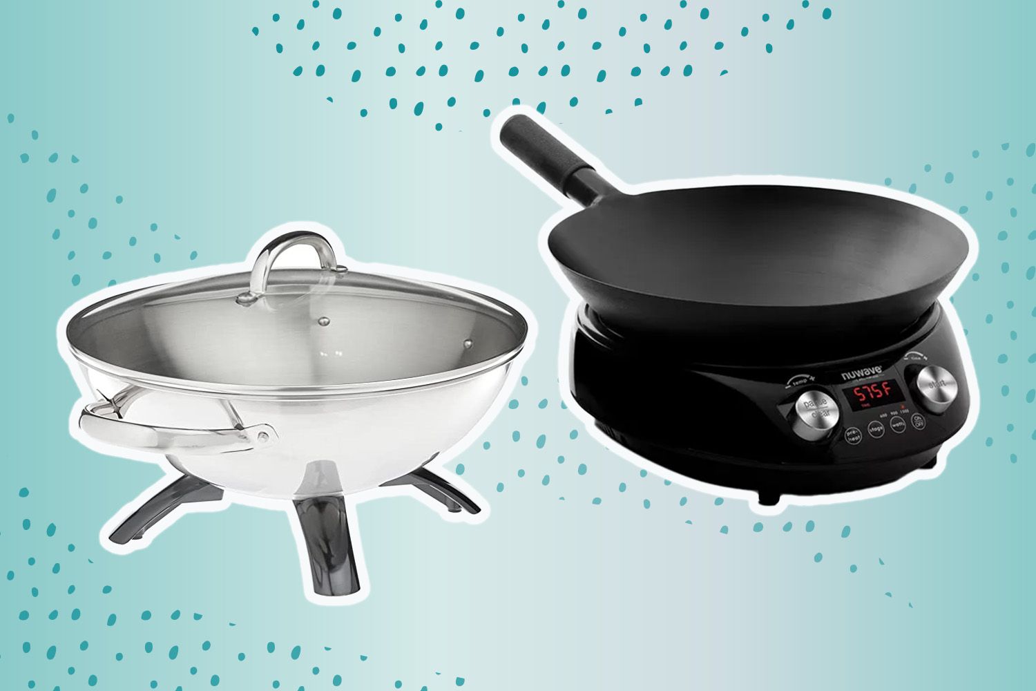 Collage of electric woks we recommend on a blue background