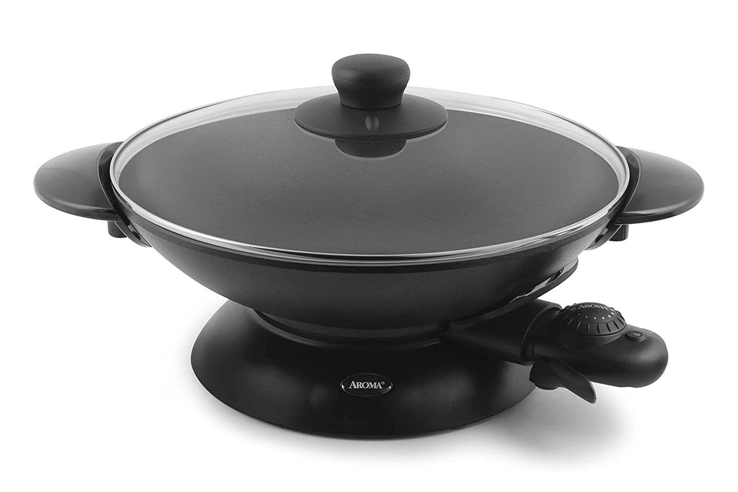 Aroma Housewares AEW-306 Electric Wok with Tempered Glass Lid Easy Clean Nonstick, Cooking Chopsticks, Tempura and Steaming Racks, Professional Model, Black