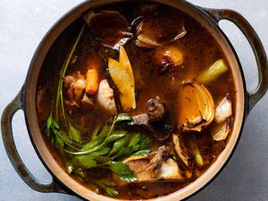 Rich beef stock in a pot