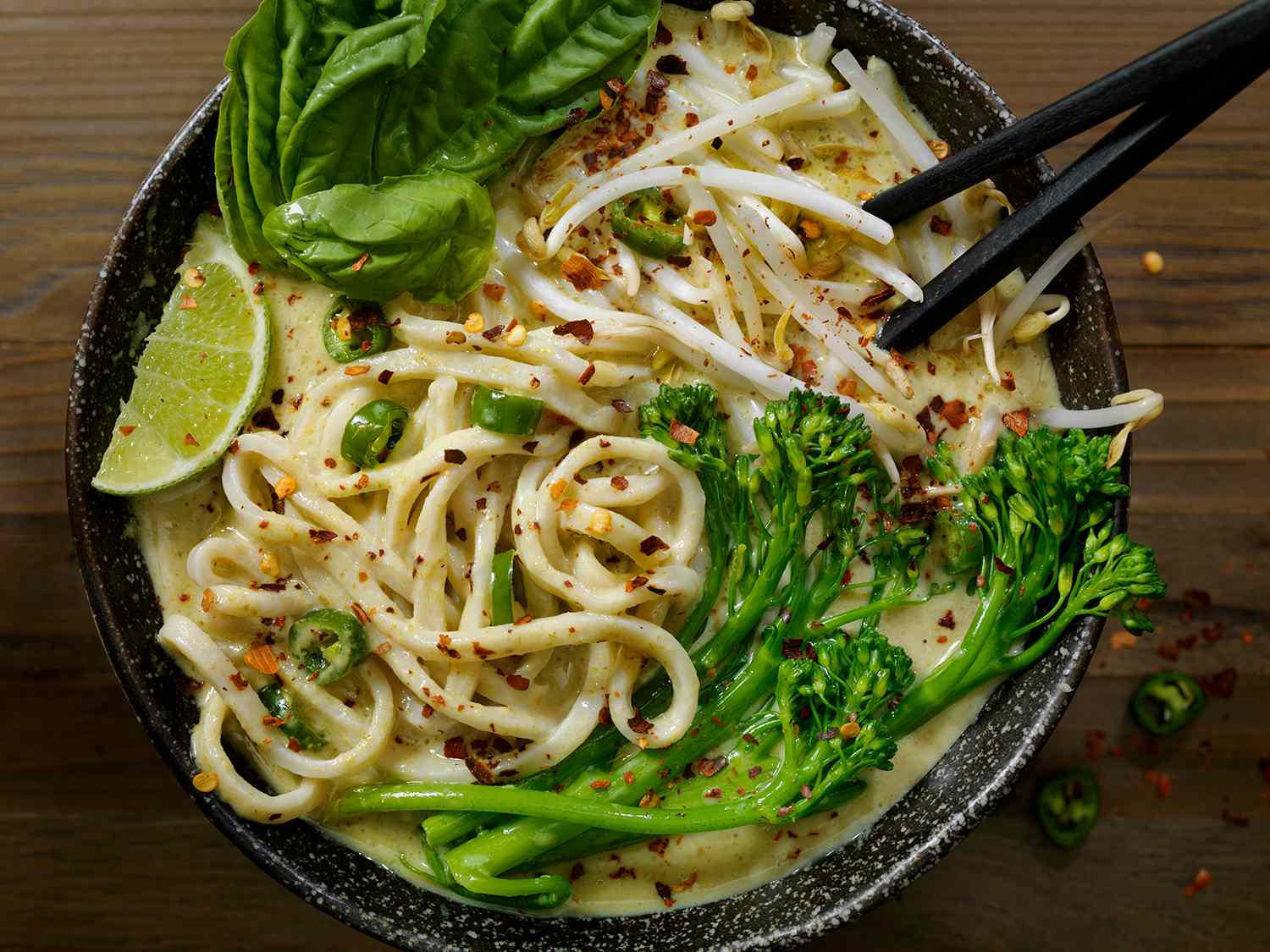 Green Curry Noodle Soup with Broccolini, Bean Sprouts and Fresh Basil