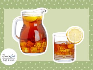 Iced tea pitcher and glass of iced tea with lemon collaged on a green background