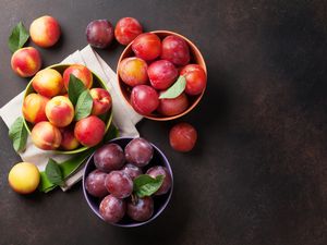 Three bowls of stone fruit: plums, nectarines, and peaches