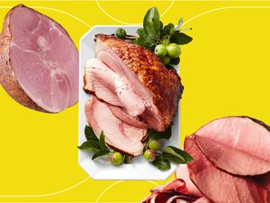 A collage of mail order hams we recommend on a yellow background