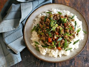 Ground turkey stir-fry over rice