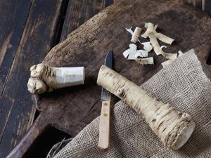 Peeled and sliced horseradish