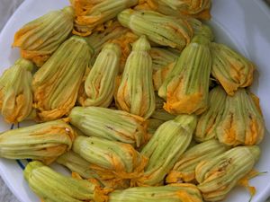 Close-up of zucchini flowers in a white bowl