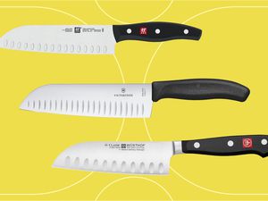 Santoku knives we recommend on a yellow background