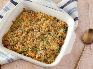 Broccoli, rice, and ham casserole from the oven.