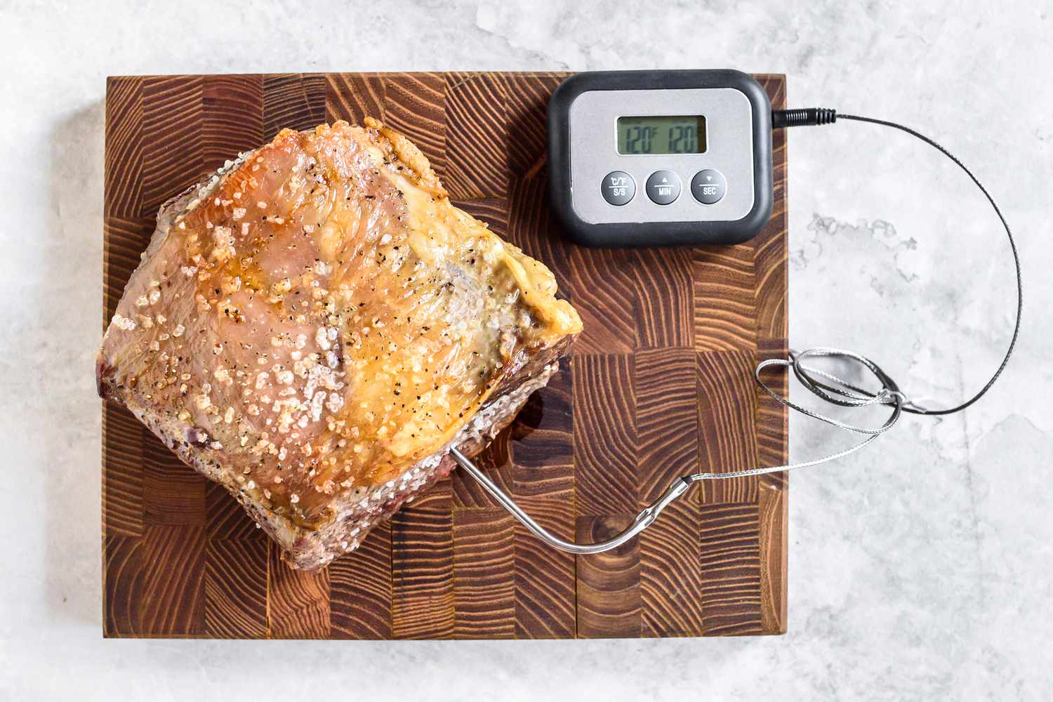 Prime Rib Roast with a digital meat thermometer inserted