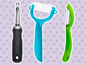 Best vegetable peelers collaged against purple patterned background