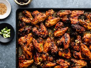 Baked teriyaki chicken wings on a sheet pan