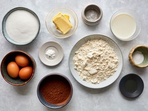 An overhead photo of ingredients for a chocolate loaf cake: sugar, 3 eggs, cocoa powder, baking powder, butter, flour, salt, vanilla, milk