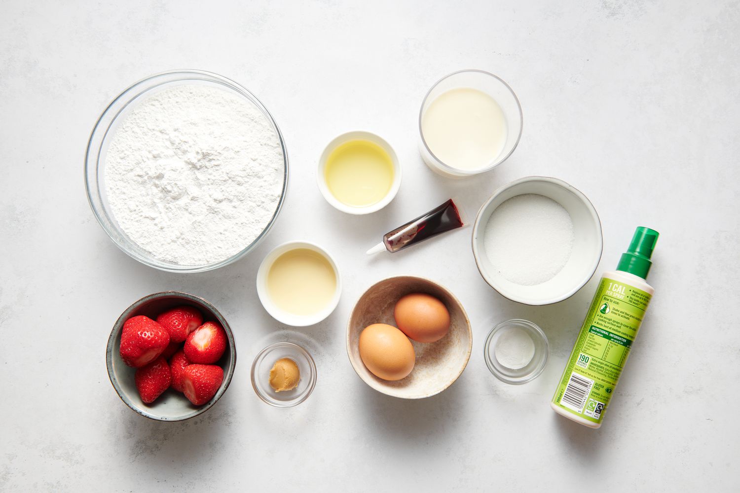 Ingredients to make strawberry miso mochi muffins