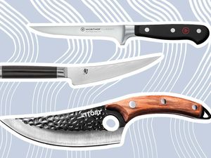 Three boning knives we recommend outlined in white and displayed on a blue and white background