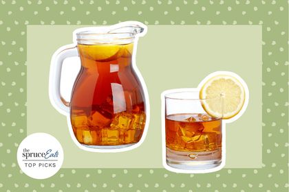 Iced tea pitcher and glass of iced tea with lemon collaged on a green background