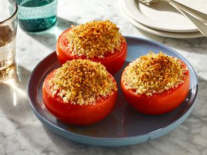 Easy Vegetarian Stuffed Tomatoes on a platter 