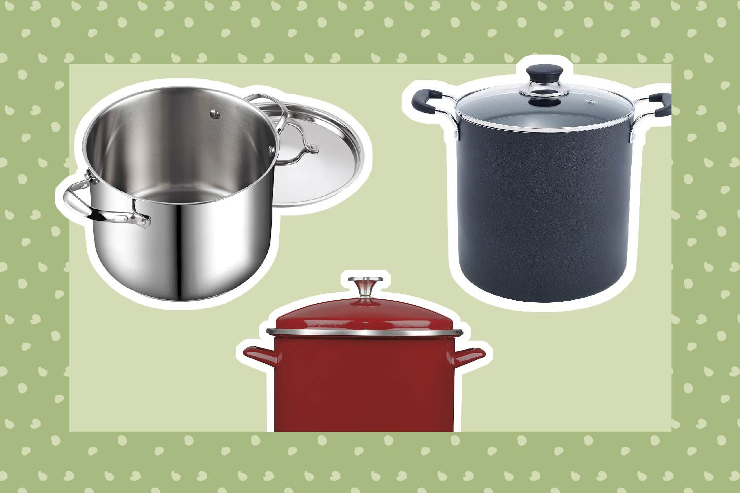 Best stockpots collaged against green polka dot background