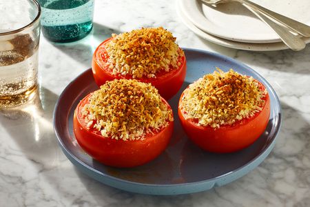 Easy Vegetarian Stuffed Tomatoes on a platter 