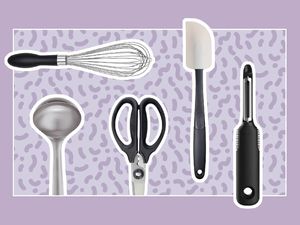 Best cooking utensils collaged against colorful purple background