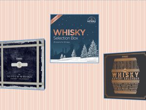 Collage of whisky advent calendars we recommend on a pink background