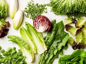 A variety of different types of lettuce on a marble surface