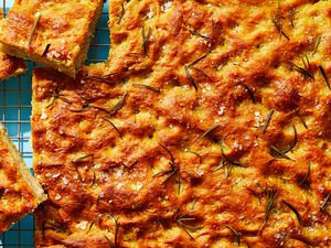 Rosemary Focaccia on a cooling rack 