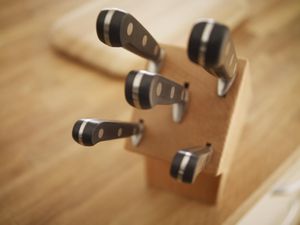 High angle view, of knives in butcher block