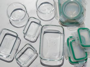 OXO Good Grips Smart Seal 12-Piece Glass Container Set displayed on a marble surface