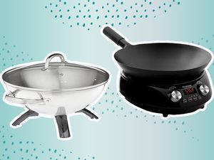 Collage of electric woks we recommend on a blue background