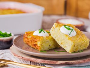 Slice of classic potato kugel on a plate